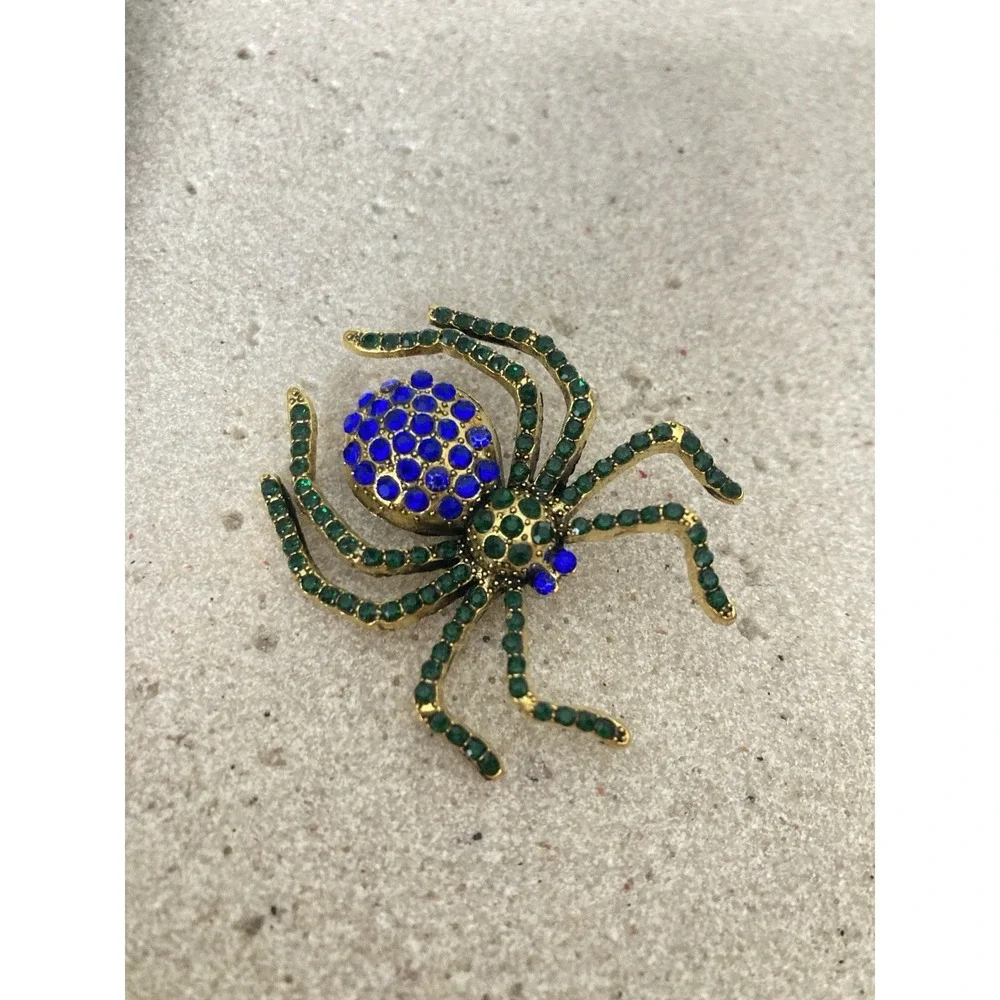 Gold Tone Spider Brooch Pin Blue & Green Rhinestone Bug Insect Whimsical Novelty